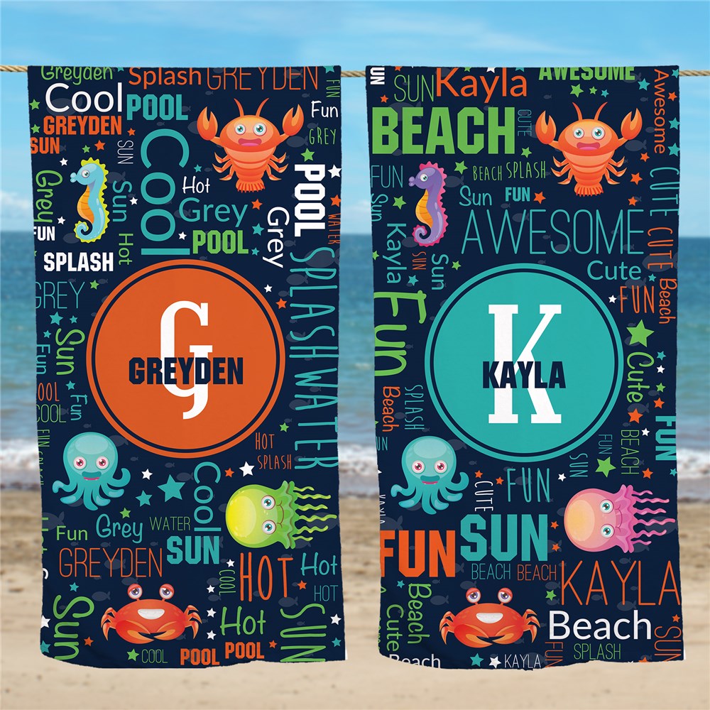 Personalized Sea Creature Word Art Beach Towel