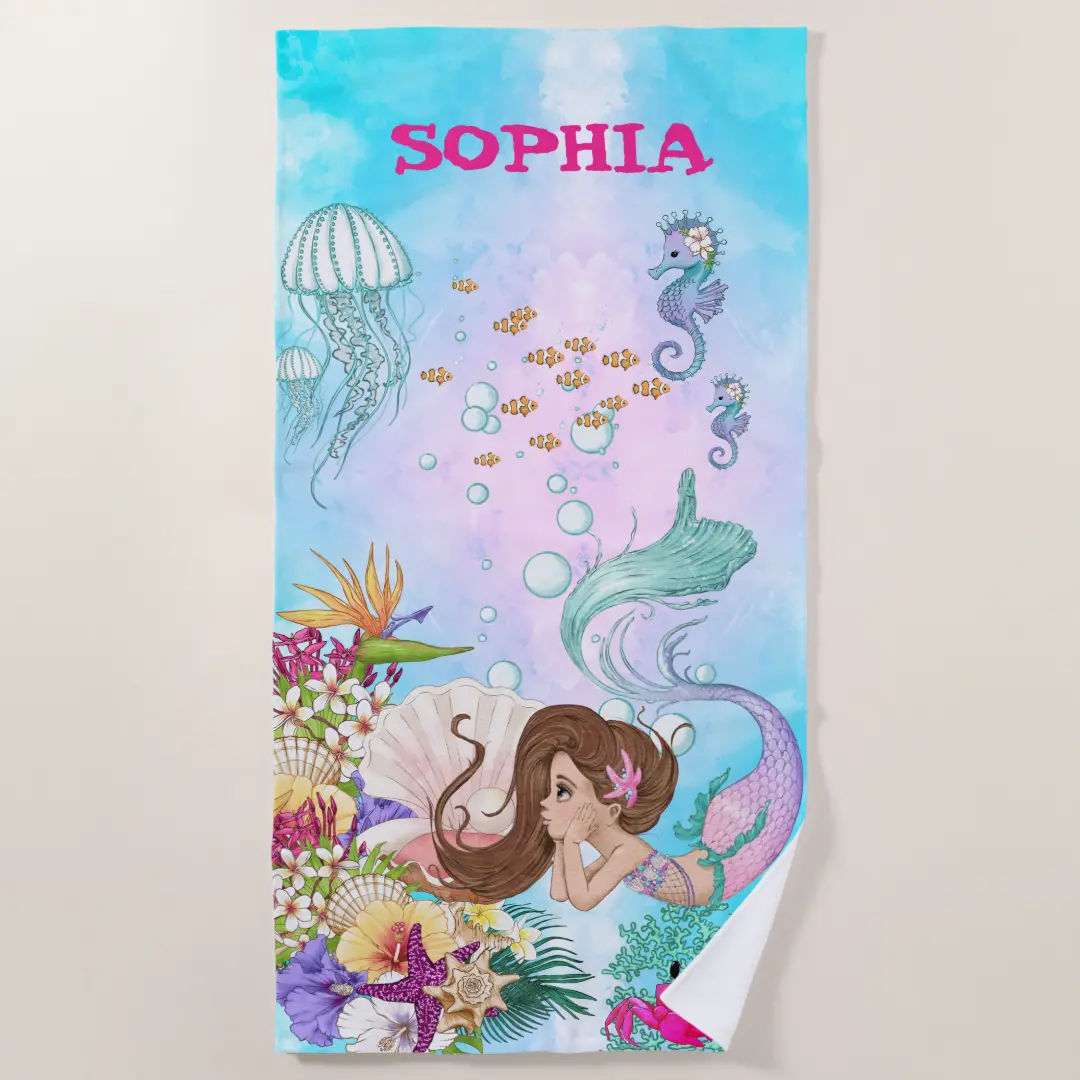 Mermaid Pink Blue Starfish Cute Personal Beach Towel