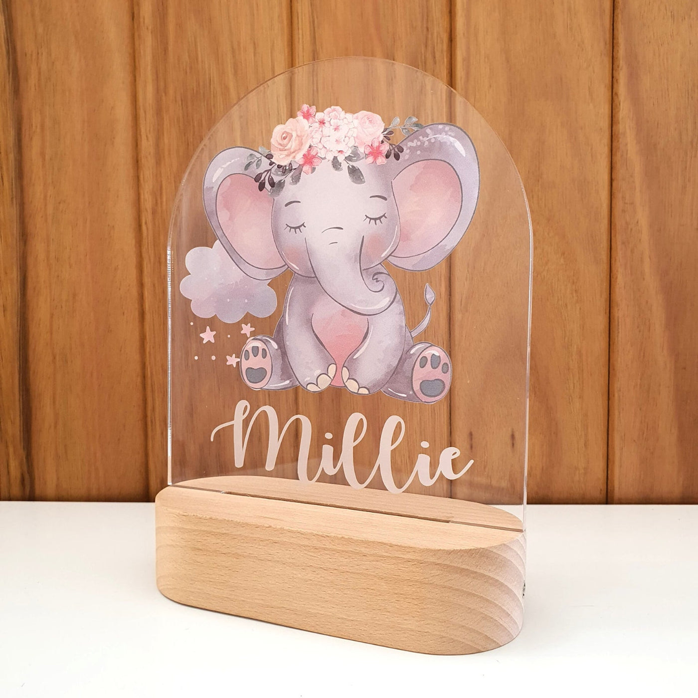 Personalised Night Light baby gift - Custom Name Nursery Night Light - Pink Baby Elephant Cloud