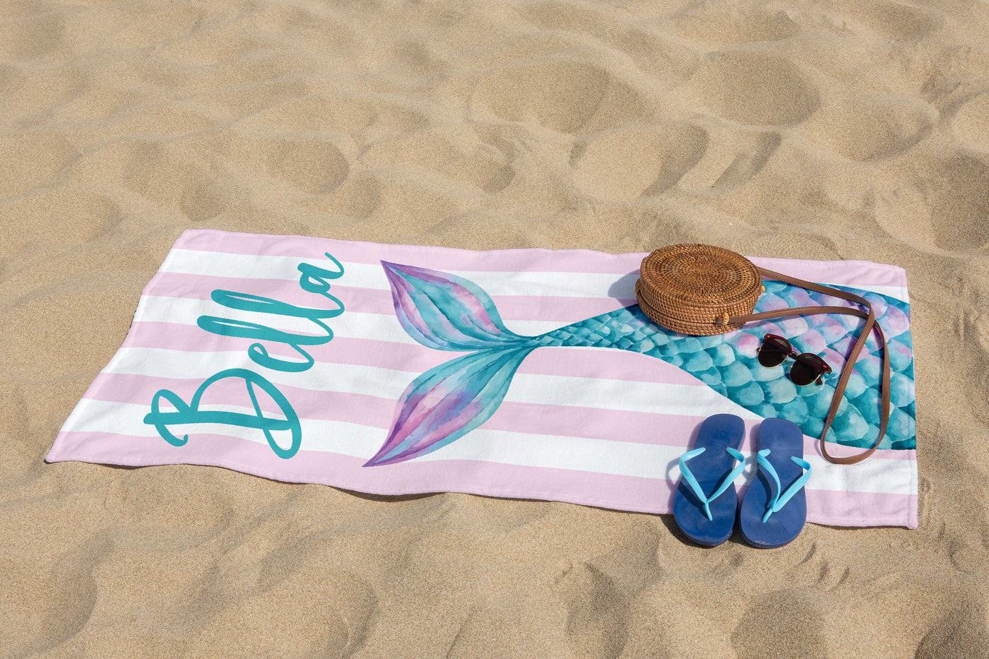 Mermaid Tail Custom Name Beach Towel, Mermaid Party Favors