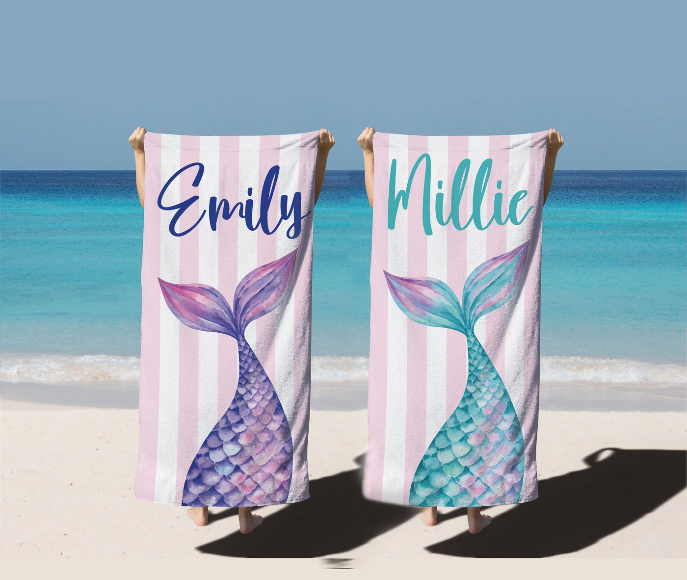 Mermaid Tail Custom Name Beach Towel, Mermaid Party Favors