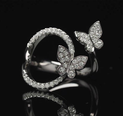 003 S925 Sterling Silver Two Butterflies 18k Platinum Plated Open Ring