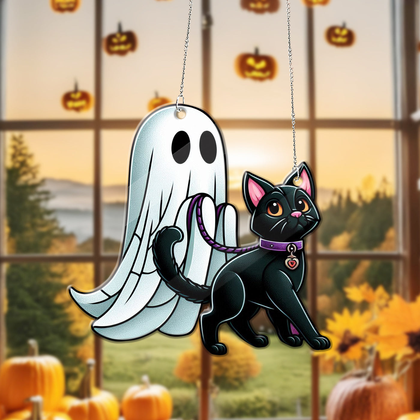 Spooky ghost walking with cat Window Hanging