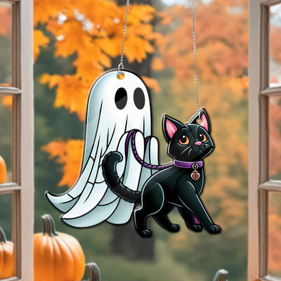 Spooky ghost walking with cat Window Hanging