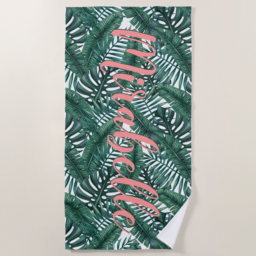 Tropical Watercolor Palm Leaves Custom Pink Name Beach Towel