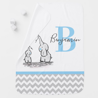 Personalized Elephant Blue Grey Chevron Baby Blanket
