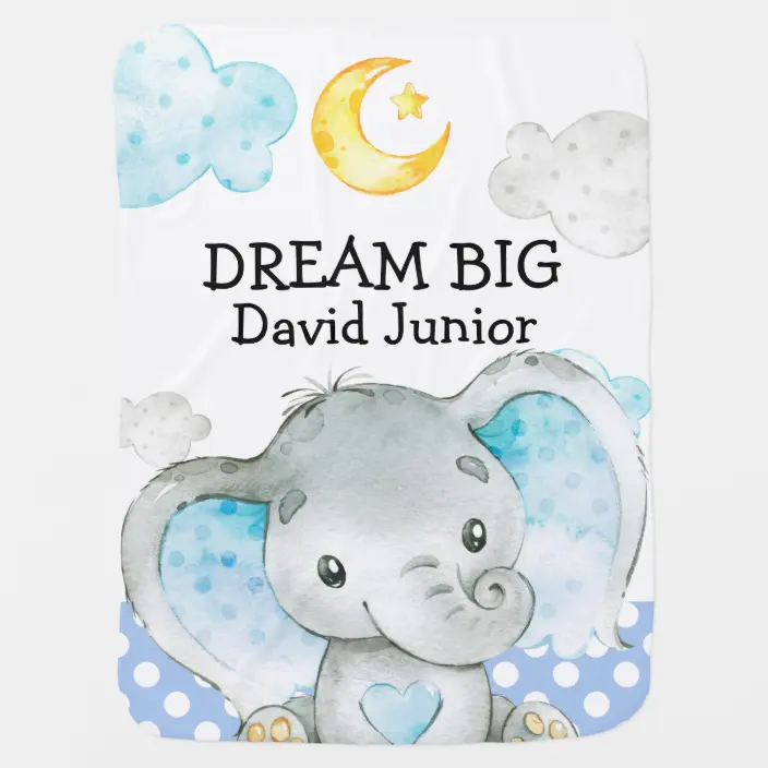 Cute Blue Elephant Personalized Dream Big Baby Blanket