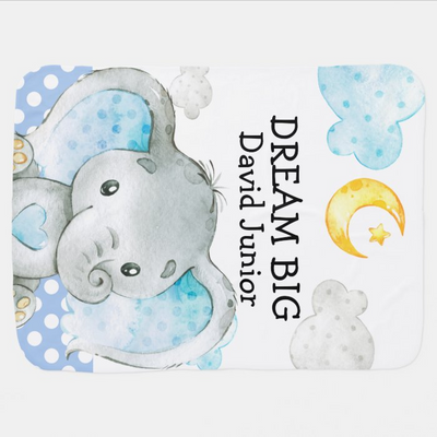 Cute Blue Elephant Personalized Dream Big Baby Blanket