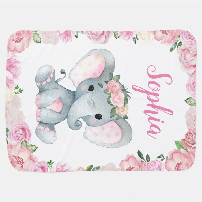 Girl Elephant Baby Blankets Pink Floral Name