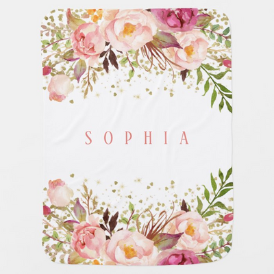 Pink Gold Confetti Watercolor Floral Baby Girl Baby Blanket