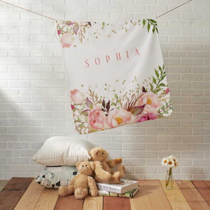 Pink Gold Confetti Watercolor Floral Baby Girl Baby Blanket