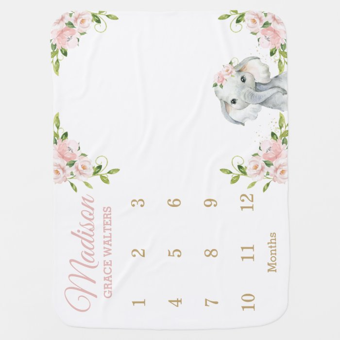 Cute Elephant Blush Pink Floral Monthly Milestone Baby Blanket