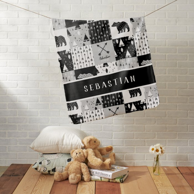 Adventure Awaits Add Your Name Grey Black White Baby Blanket
