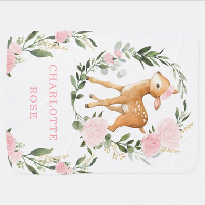 Pretty Deer Pink Floral Roses Greenery Nursery Baby Blanket