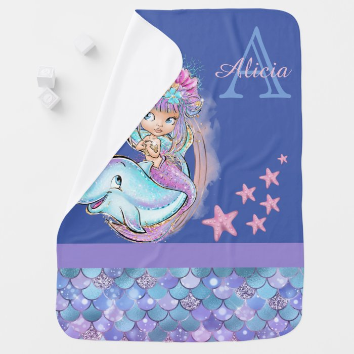 Beautiful Mermaid Monogram Baby Blanket