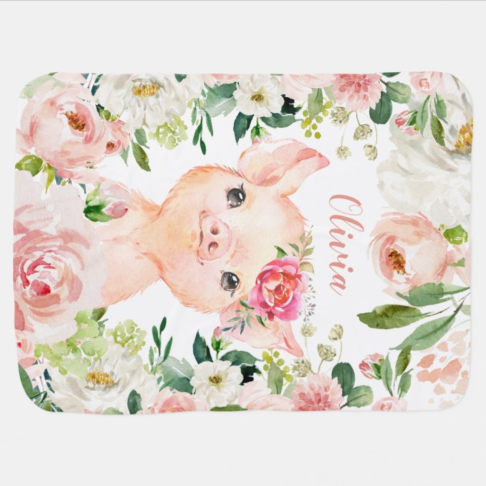 Cute Pig with Blush Pink Flowers Baby Blanket