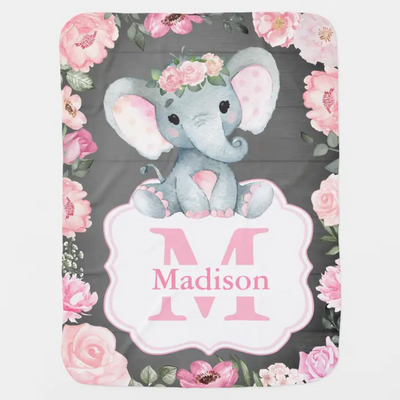 Pink Rustic Elephant Baby Blanket with Roses