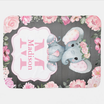Pink Rustic Elephant Baby Blanket with Roses