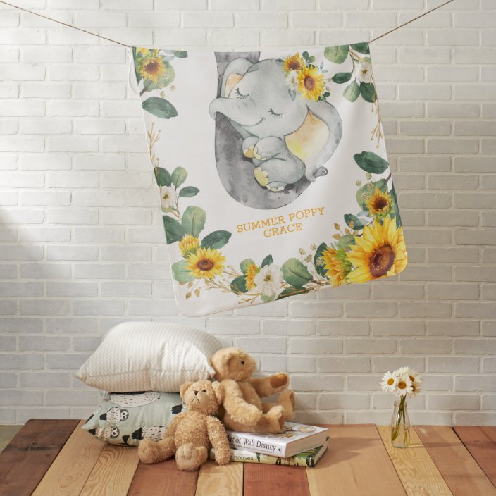 Cute Sunflower Greenery Sleepy Elephant Nursery Baby Blanket