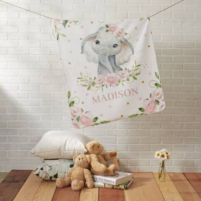 Whimsical Cute Elephant Soft Pink Blush Floral Baby Blanket