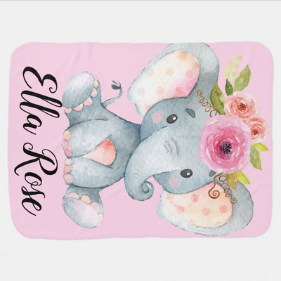 Personalized Sweet Baby Elephant Girl Floral Baby Blanket