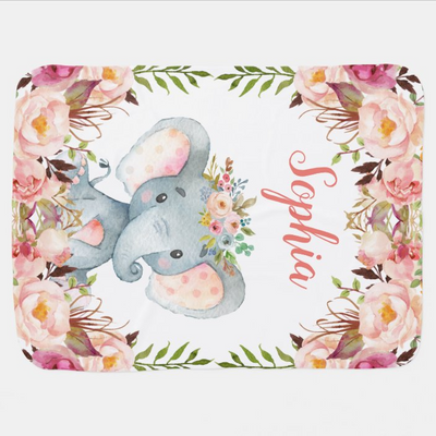 Pink Elephant Personalized Name Baby Girl Baby Blanket