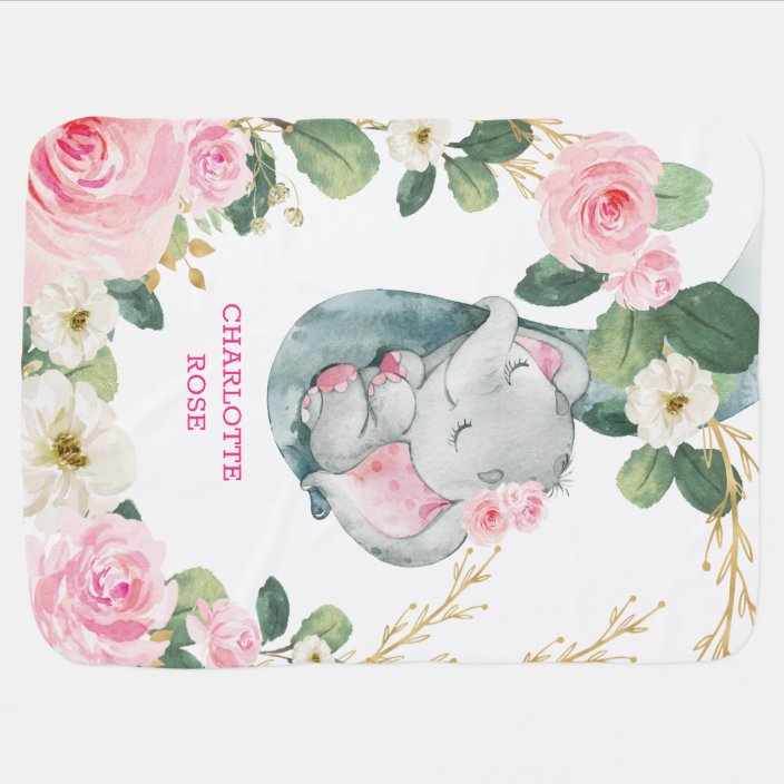 Sweet Pink Floral Sleeping Elephant Girl Nursery Baby Blanket