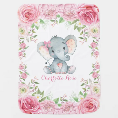 Pink Roses Baby Elephant Nursery Baby Blanket