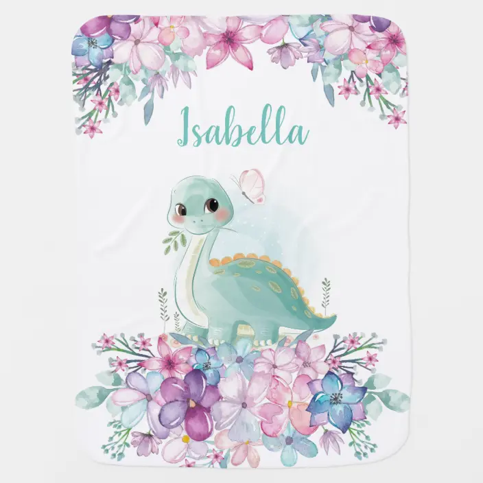 Cute Floral Watercolor Baby Dinosaur For Girl Baby Blanket
