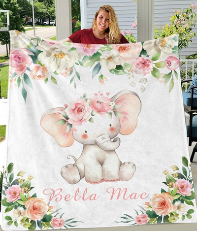 Floral Cute Baby Elephant Custom Text Name Fleece Blanket