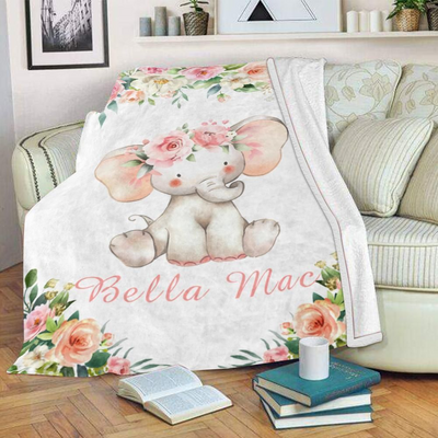 Floral Cute Baby Elephant Custom Text Name Fleece Blanket