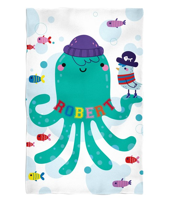 White & Teal Octopus Personalized Towel