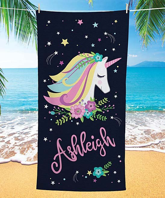 Black Starry Unicorn Velour Personalized Beach Towel