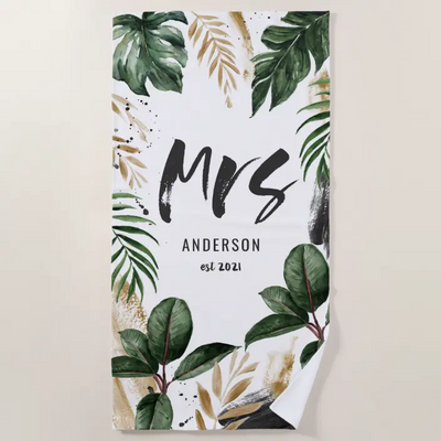 Mrs tropical leaf & typography beach towel