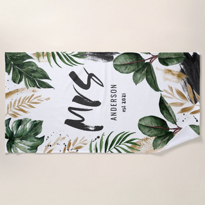 Mrs tropical leaf & typography beach towel