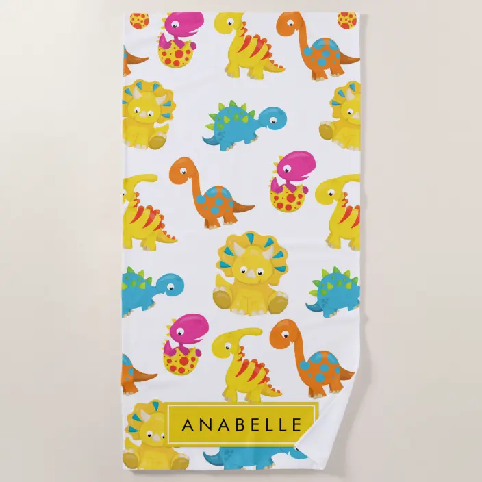 Your Name - Dinosaur Pattern, Baby Dinos Beach Towel