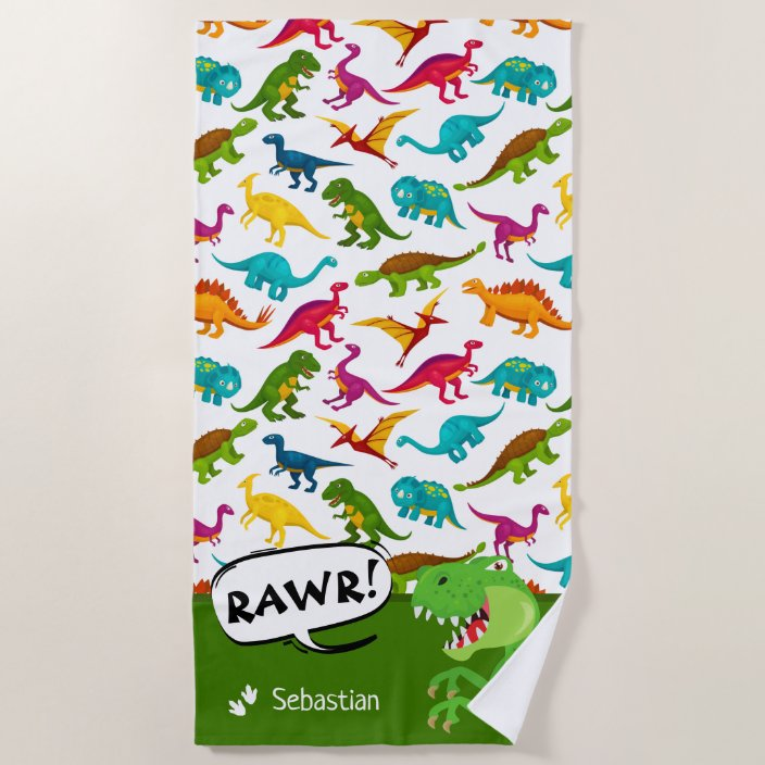 Colorful Dinosaur Pattern with Name T-Rex Green Beach Towel