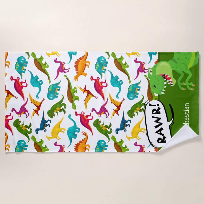 Colorful Dinosaur Pattern with Name T-Rex Green Beach Towel