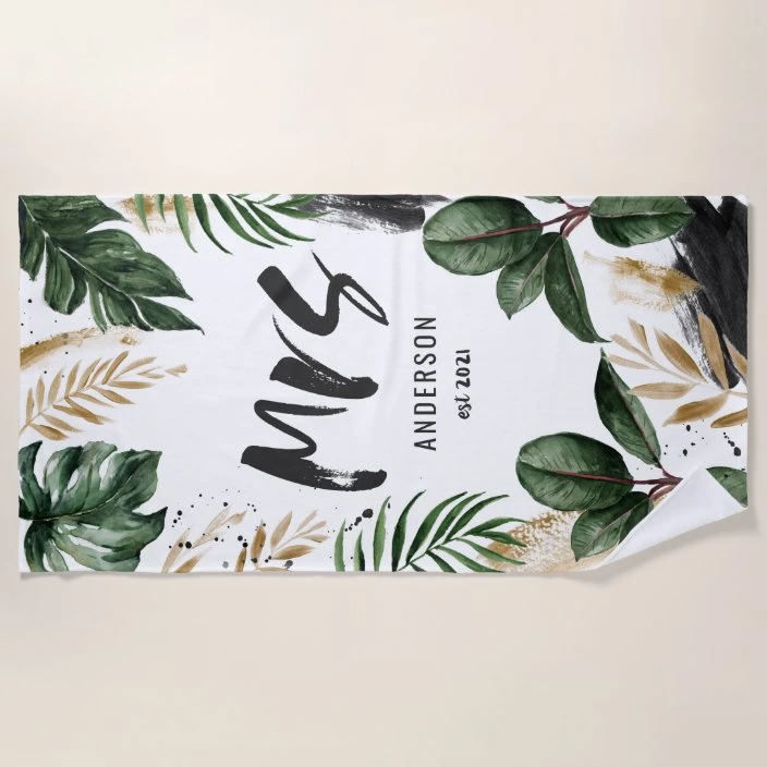 Mr/Mrs  tropical leaf & typography beach towel