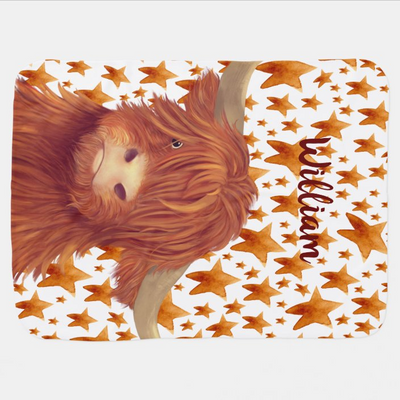 Cute Highland Cow and Stars Illustration Name  Baby Blanket
