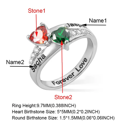 Personalized and Engraved Heart Assortment Birthstones Silver Ring