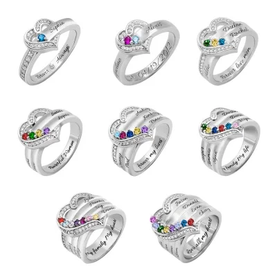 Personalized Heart Birthstone Ring Family Ring Gift for Her