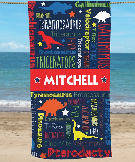 Blue & Red Dinosaur Word Art Personalized Beach Towel