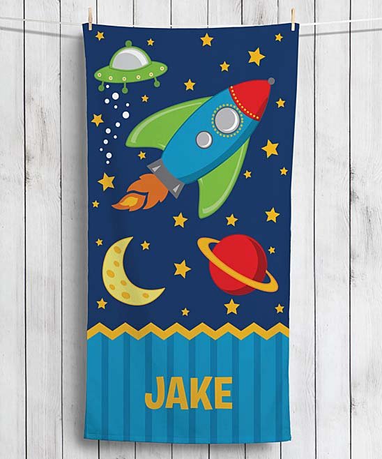 Navy Rocket to Space Velour Personalized Beach Towel