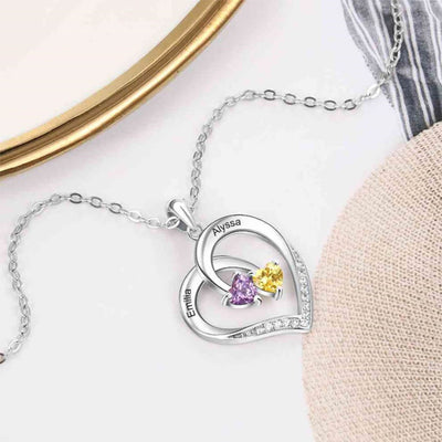 PERSONALIZED GRANDMA AND GRANDDAUGHTER‘S NAME & BIRTHSTONES HEART NECKLACE