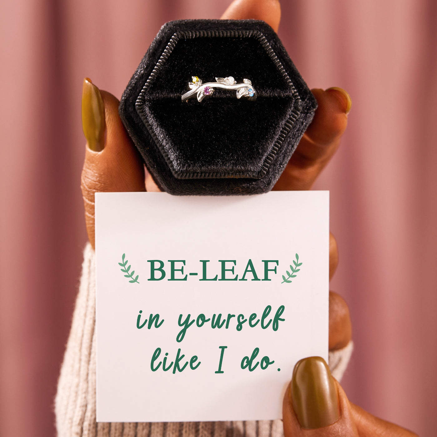 PERSONALIZED BE-LEAF 1-5 BIRTHSTONE RING