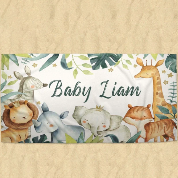 Personalized Woodland Animal Baby Name Beach Towel