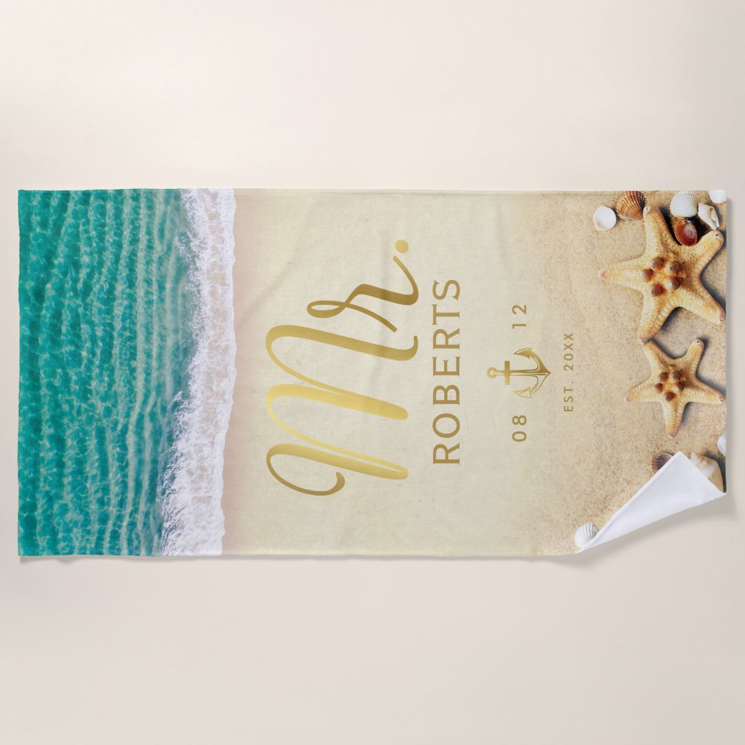 Vintage Tropical Beach Starfish Personalized Mr. Beach Towel
