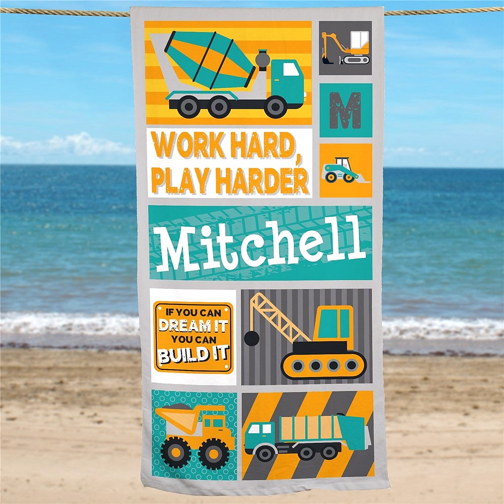 Construction Equipment Personalized Kids Beach Towel