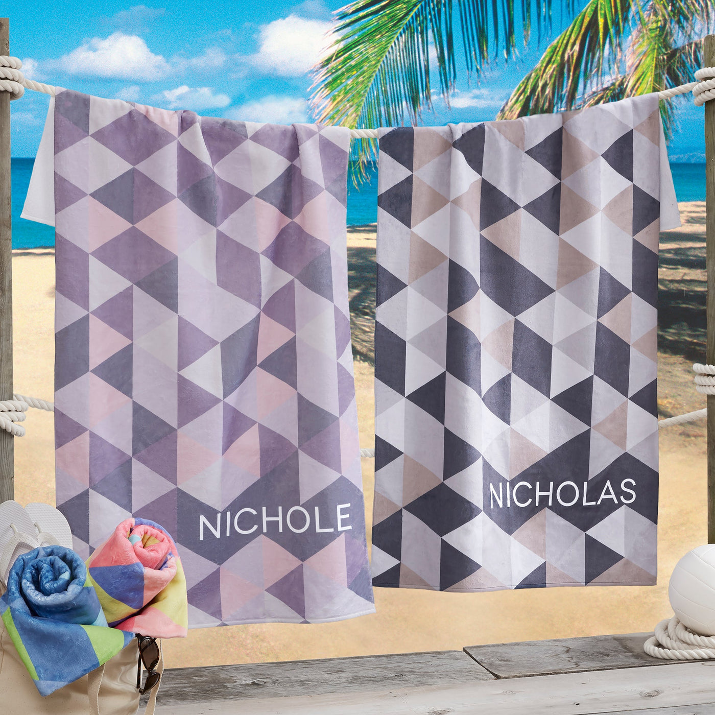 His and Hers Geometric Personalized Beach Towel